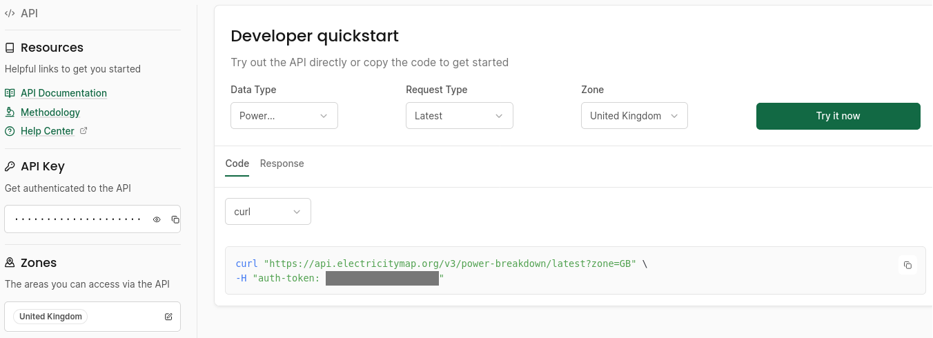 Screenshot of the Electricity Maps Dashboard, showing sample code to fetch data from the API